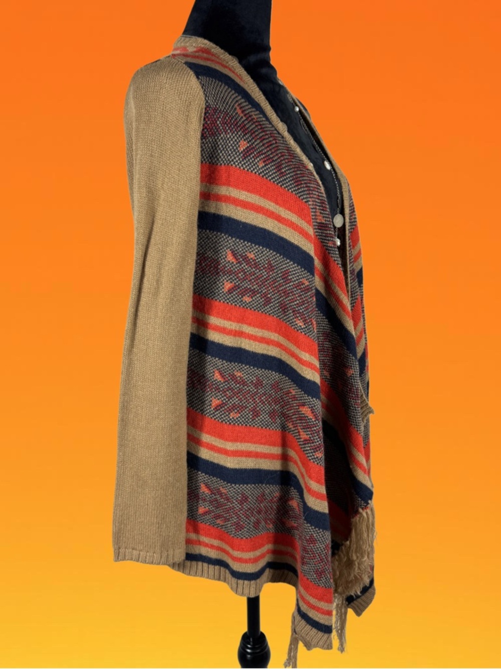 Anthropologie Flying Tomato Brown/Orange Lagenlook Open Drape Cardigan Fringe S - Picture 7 of 14